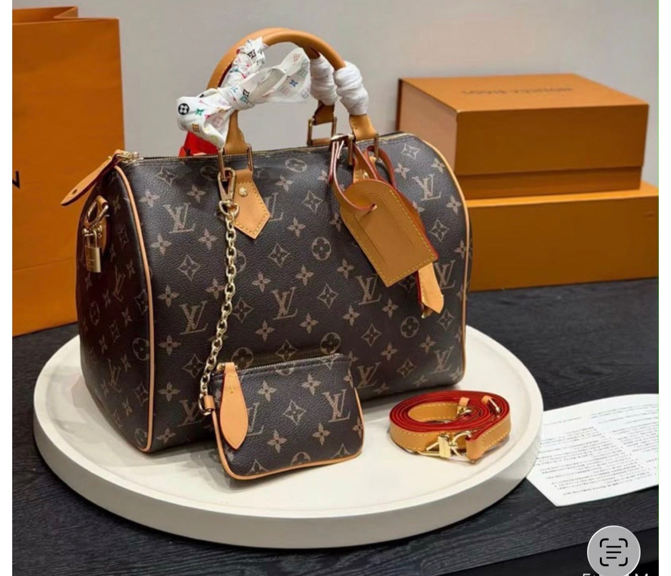 Brown monogram speedy with small scarf